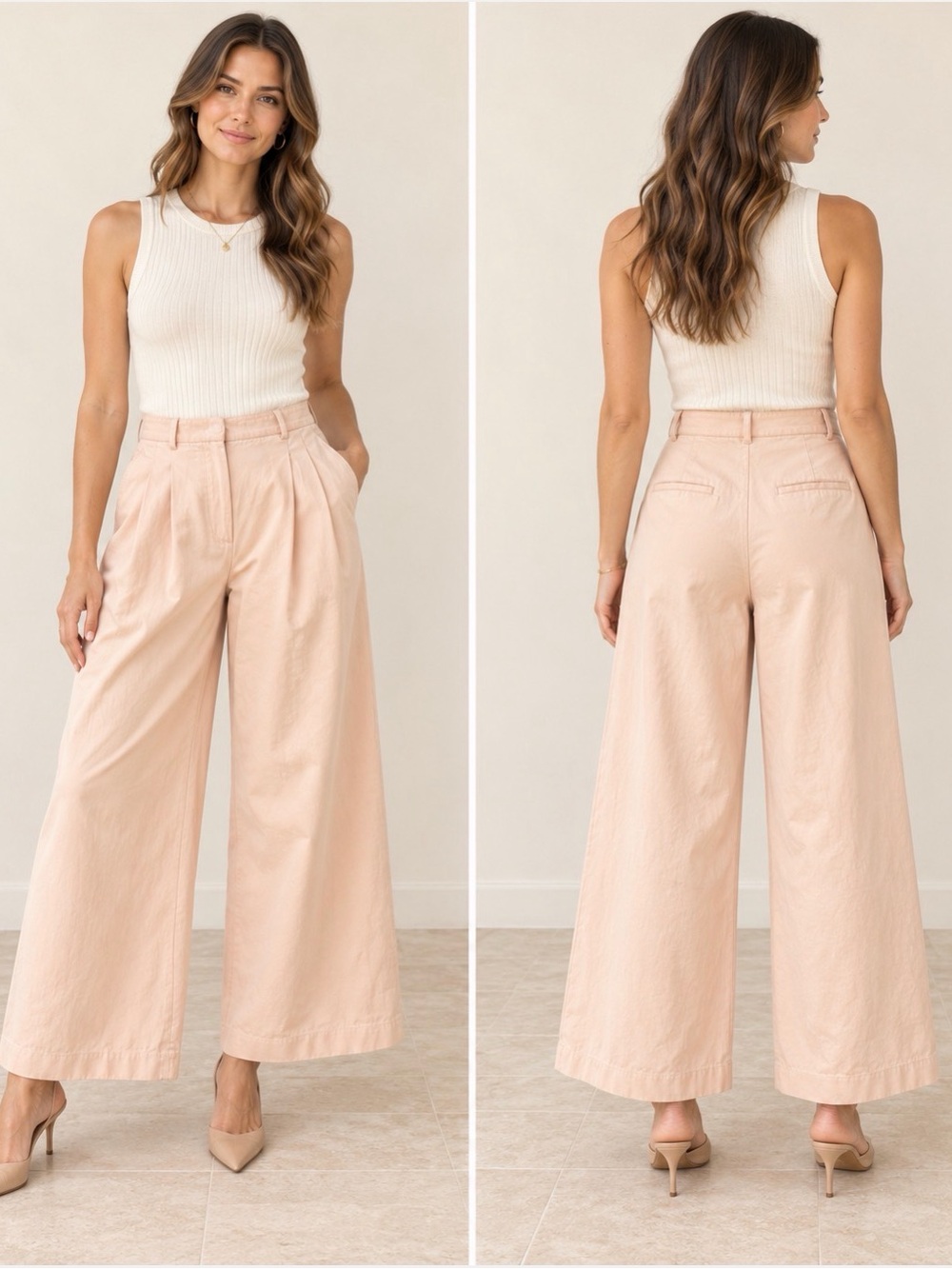 Zara Blush Pink High Rise Pleated Wide Leg Cotton Pants Size M